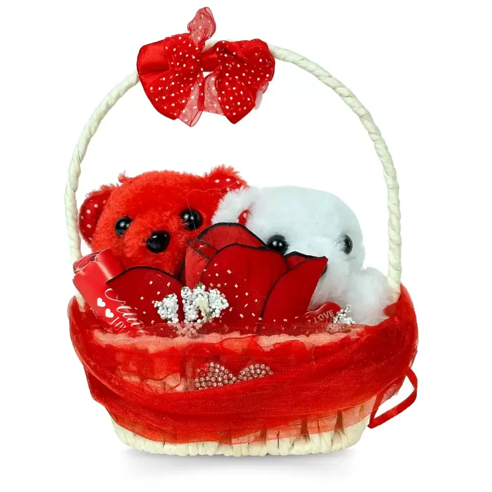 Valentine Couple Teddy Bear Gift For Her in Lovely White Color Basket Anniversary Rose Day Proposal Gifts