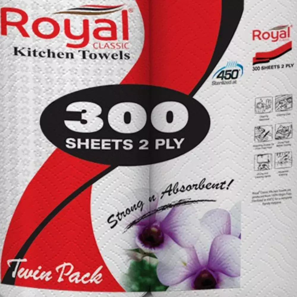 Royal Kitchen Towel, Strong and Absorbent Tissue Rolls with 2 Ply, 300 Sheets