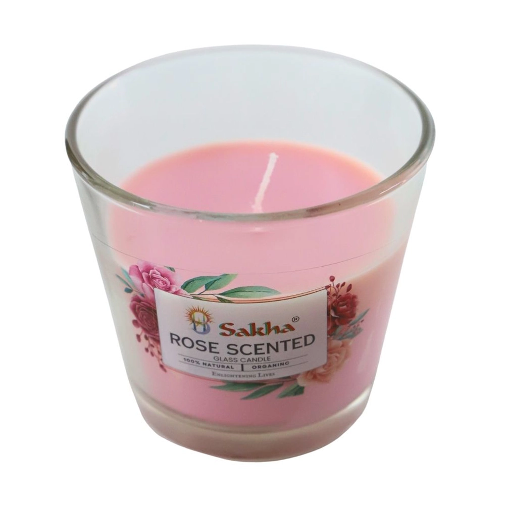 Sakha Rose Scented Glass Candle For Long Lasting Fragrance 100percent Natural- Pink