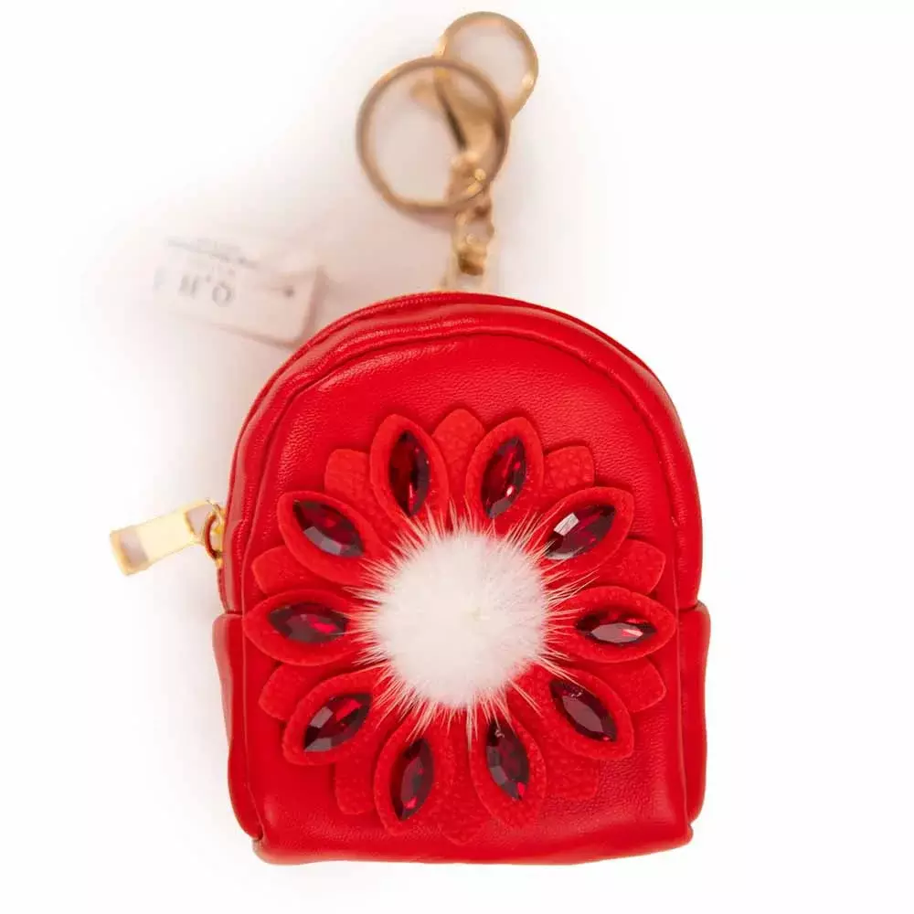 Fancy Leather Purse With Flower Design and Keychain Style Red