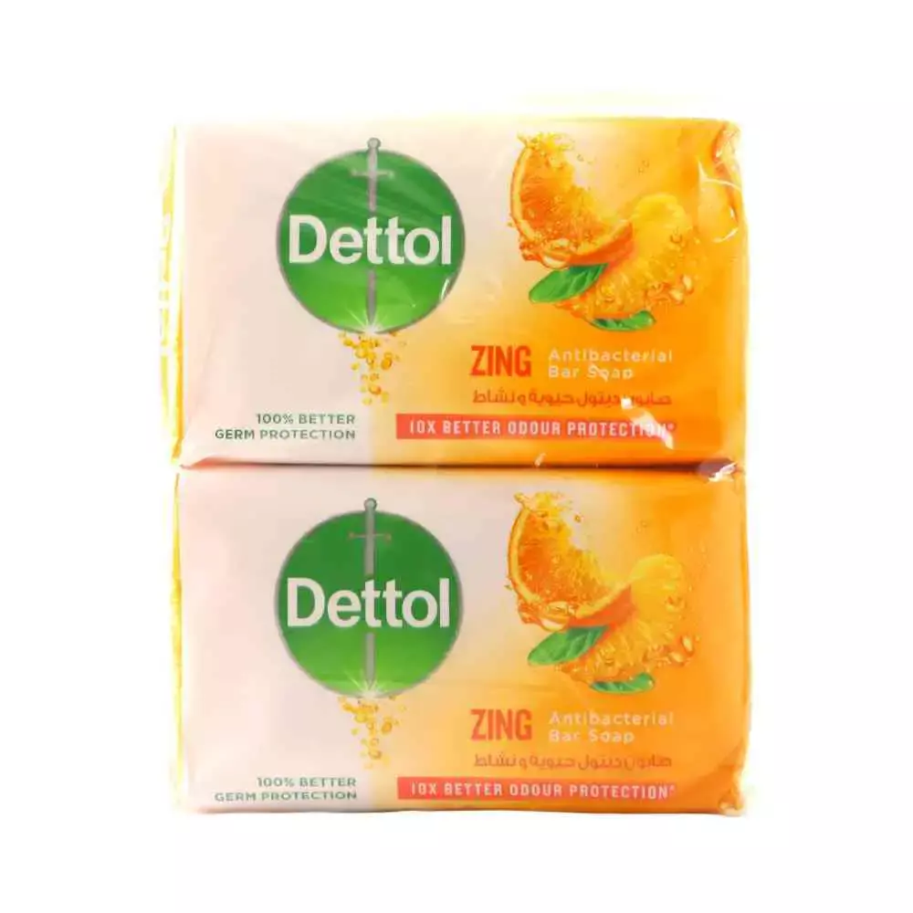 Dettol Zing Odour Protection Antibacterial Soap Bar Effective Germ Protection with Orange Zest- 4X165gms