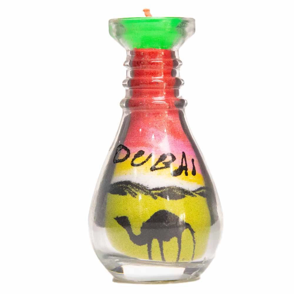 Decorative glass Red and Green colored Candle with Dubai camel theme