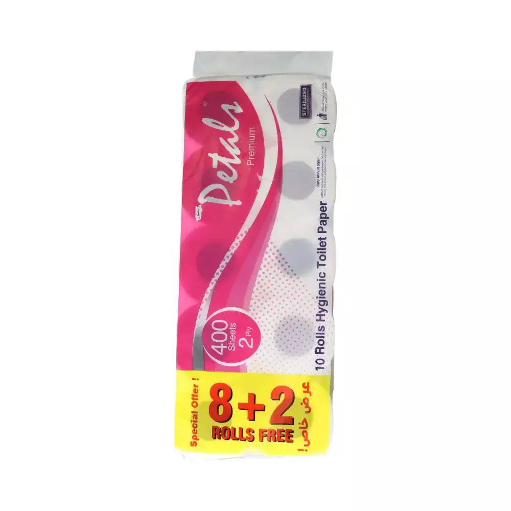 Petals Premium Hygienic Toilet Paper 2 Ply, 400 Sheets Per Roll - Pack of 10 Rolls