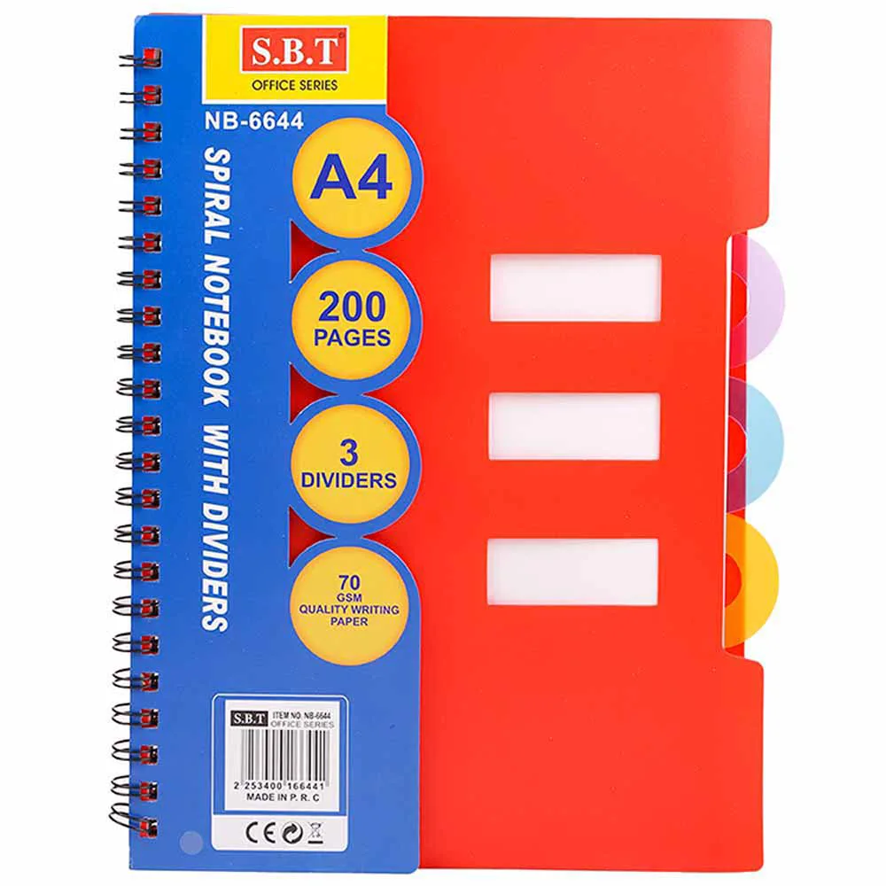 S.B.T A4 Notebook, 3 Subject Spiral Notebook and Journals, Wide Ruled, Lab Professional Notepad- Red