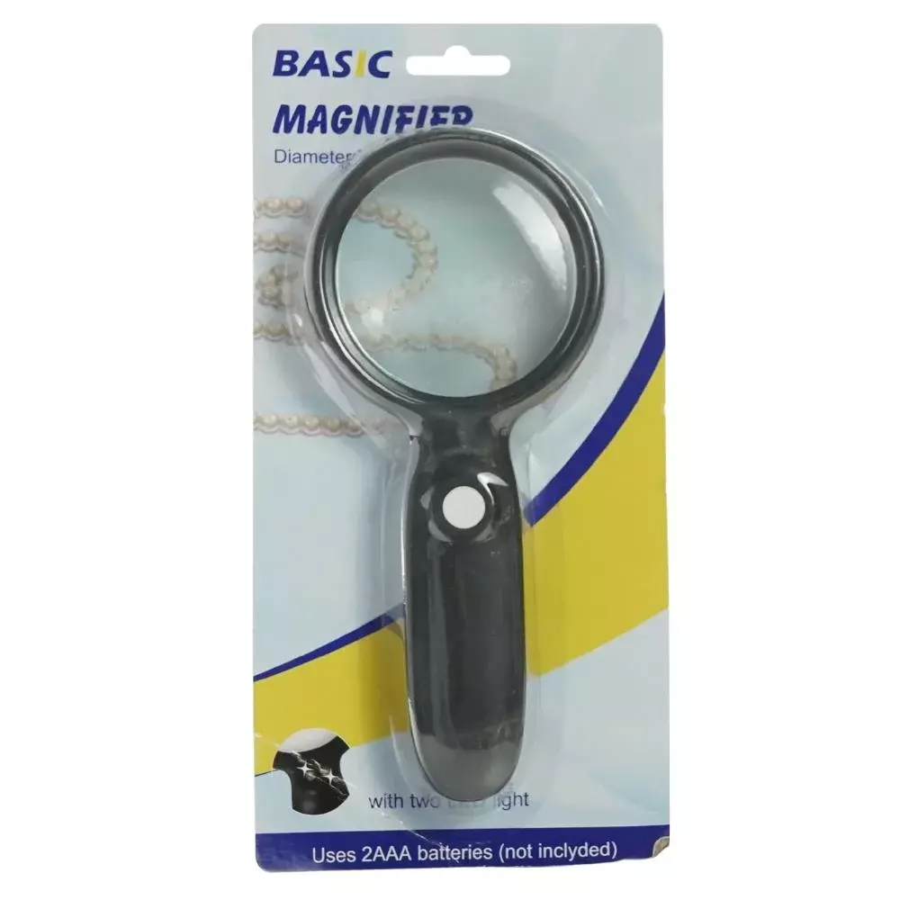 Basic Magnifier, Handheld Magnifying Glass with Two Led Light & 4X with  75mm Diameter- Black