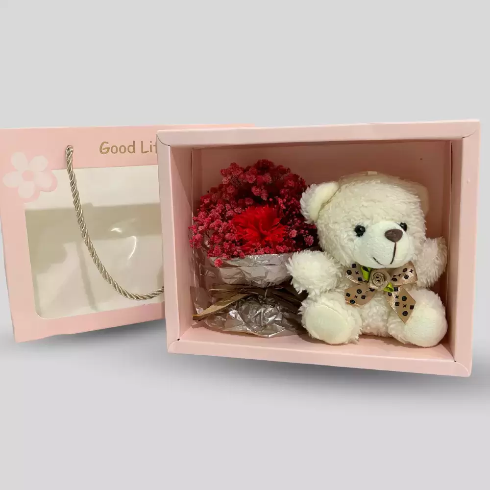 Soft Teddy Bear And Artificial Flower Bouquet Cute Unique Gift Box