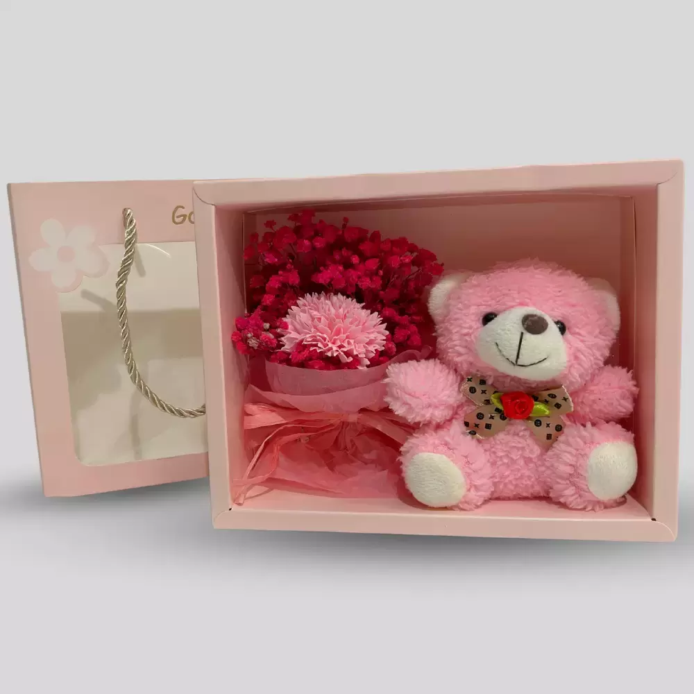 Cute Unique Gift Box Of Artificial Flower Bouquet and Soft Teddy Bear Pink