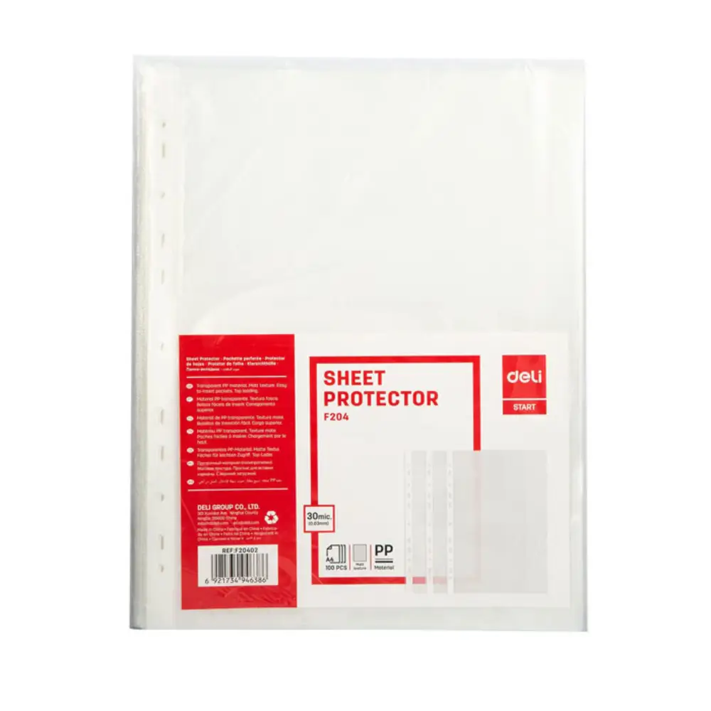 Deli A4 Sheet Protector 30 Micron Clear PP Material- 100pcs