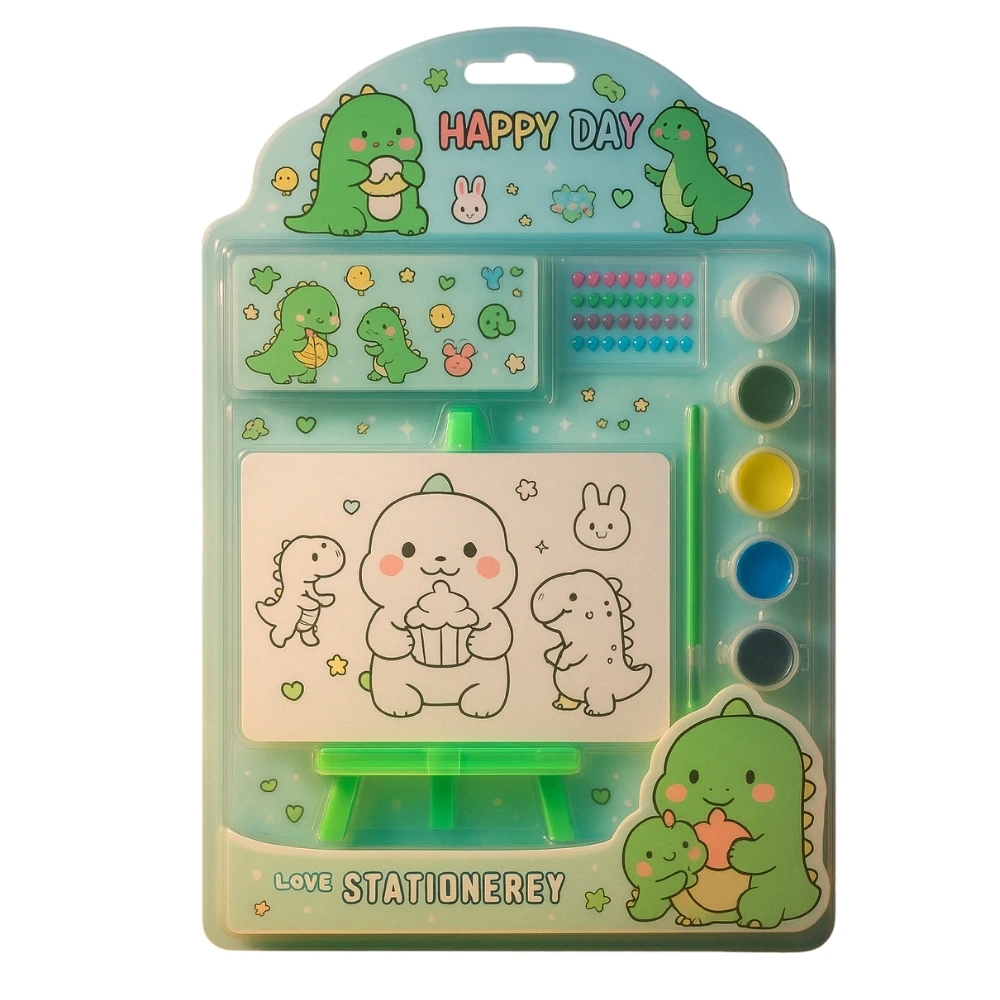 Cute Painting Stationery Set For Kids In Happy Day Dinosaurs Theme With Painting Board, Brush And Colours