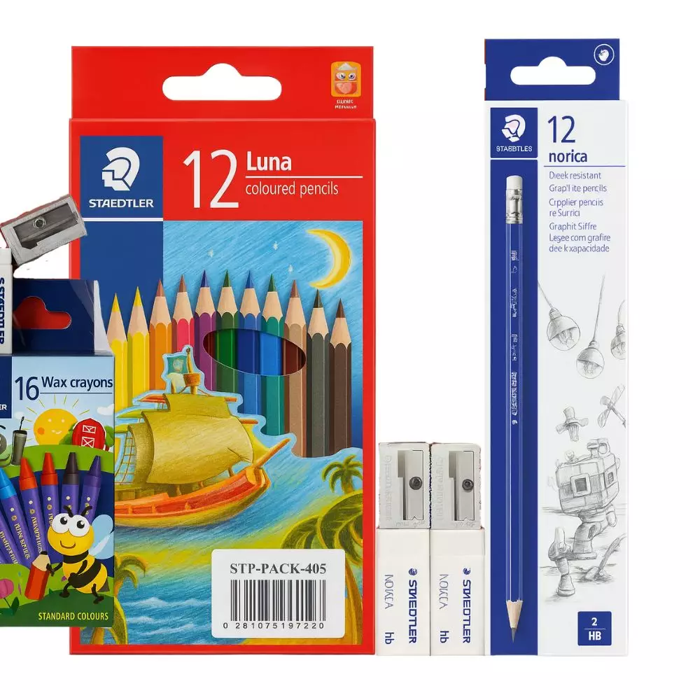 Staedtler Stationery Set With 12 Norica Pencil, 12 Luna Color Pencil, 16 Wax Crayons, 2 Eraser And 2 Sharpener