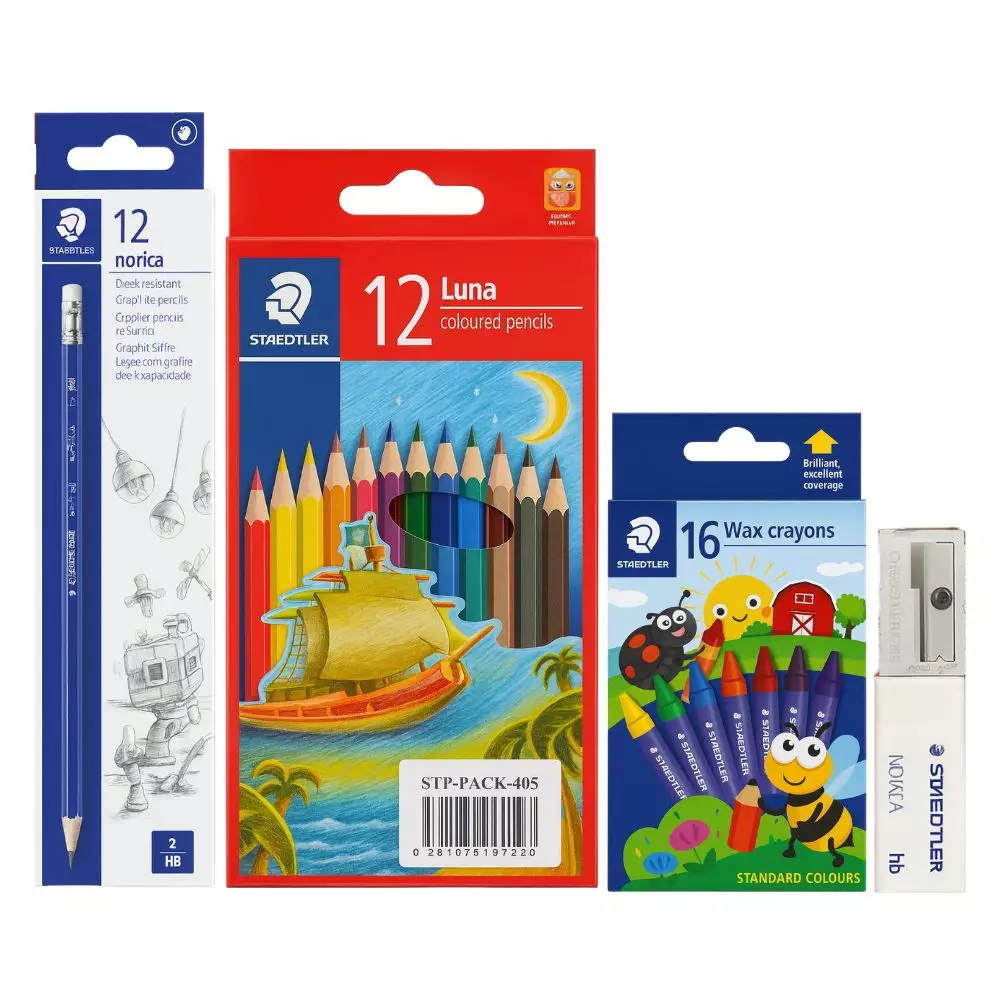 Staedtler Stationery Set With 12 Norica Pencil, 12 Luna Color Pencil, 16 Wax Crayons, Eraser And Sharpener