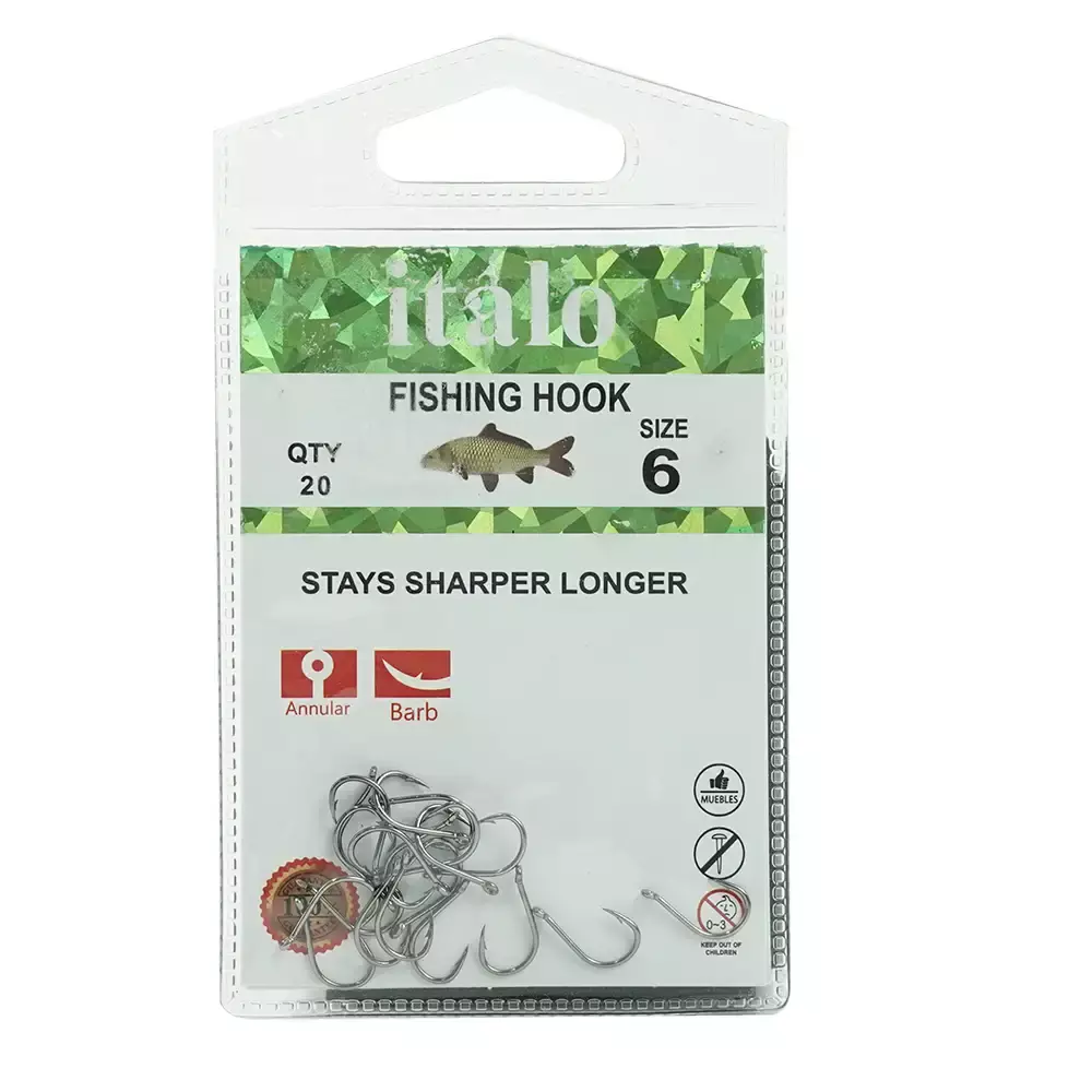 Italo Fishing Hooks, Stay Sharper Longer, Pack of 20pcs- Size 6