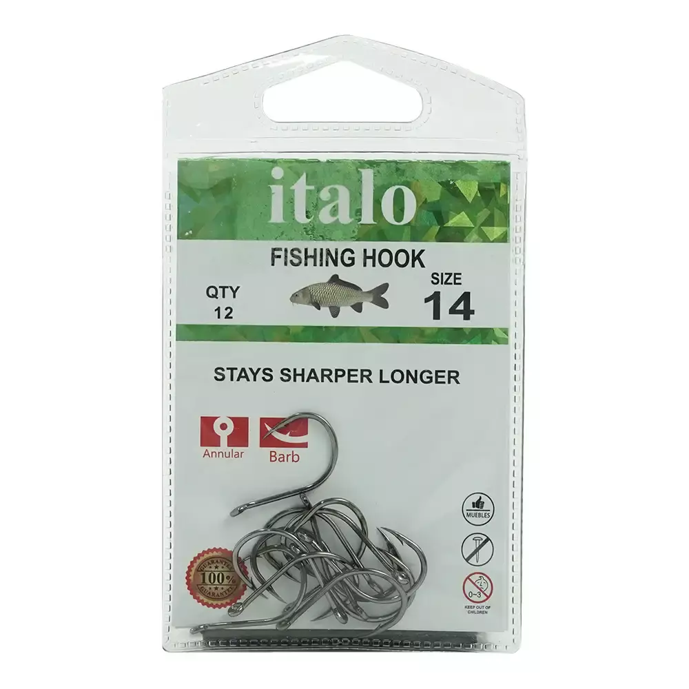 Italo Fishing Hooks, Stay Sharper Longer, Pack of 12pcs- Size 14