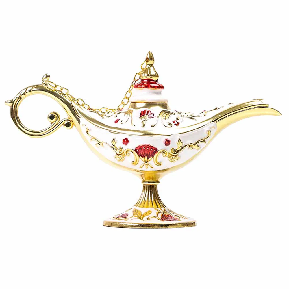Vintage Style Fairy Tale Aladdin Magic Lamp, Genie Lamp Zinc Alloy Table Decoration- White and Golden