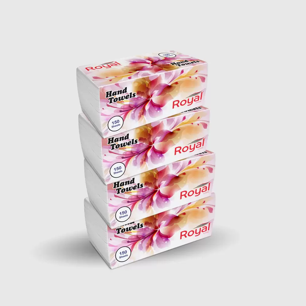 Royal Classic Super Absorbent And Strong Hand Towels White Tissue Paper- 4PcsX150 Sheets