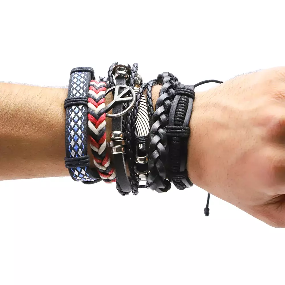 6pcs/set Fashionable Pu Leather Men's Bracelet Jewelry