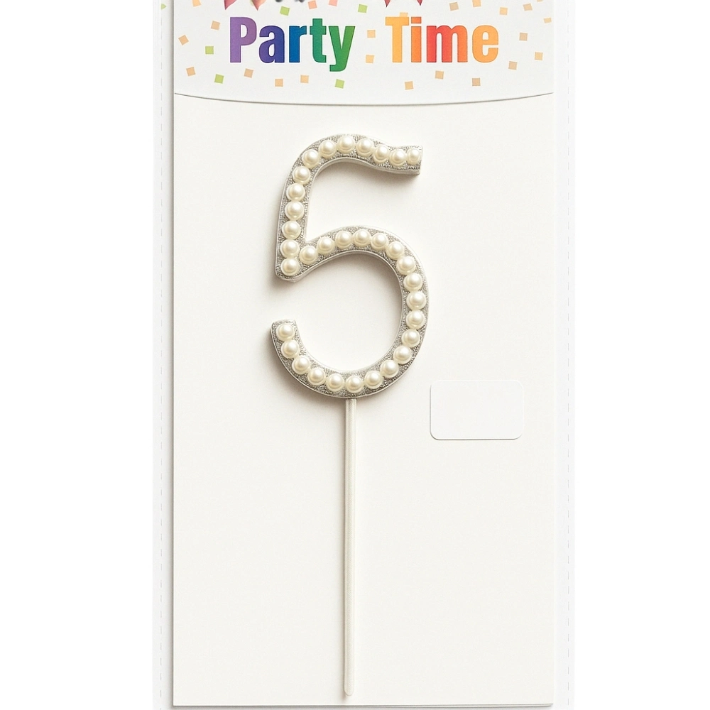 Party Time Number 5 Pearl Designed Birthday Cake Toppers- White