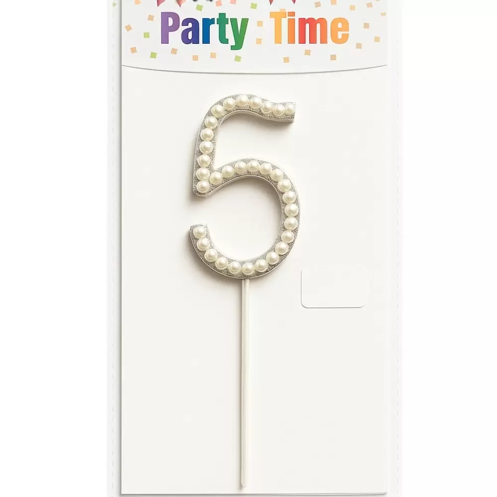 Party Time Number 5 Pearl Designed Birthday Cake Toppers- White