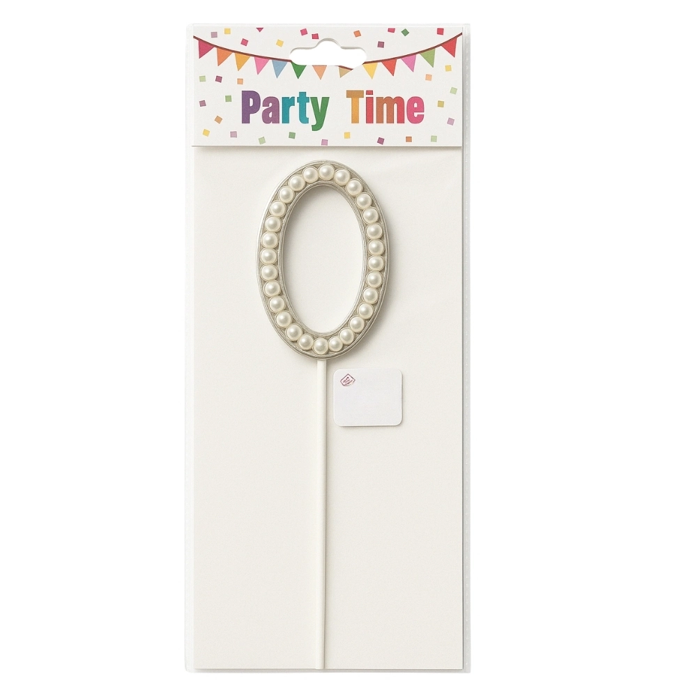 Party Time Number Zero Pearl Designed Birthday Cake Toppers- White