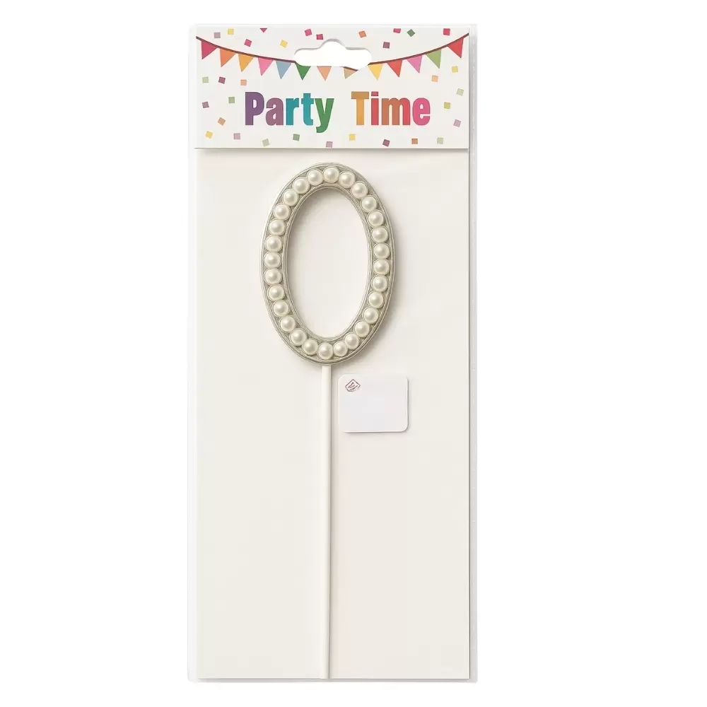 Party Time Number Zero Pearl Designed Birthday Cake Toppers- White