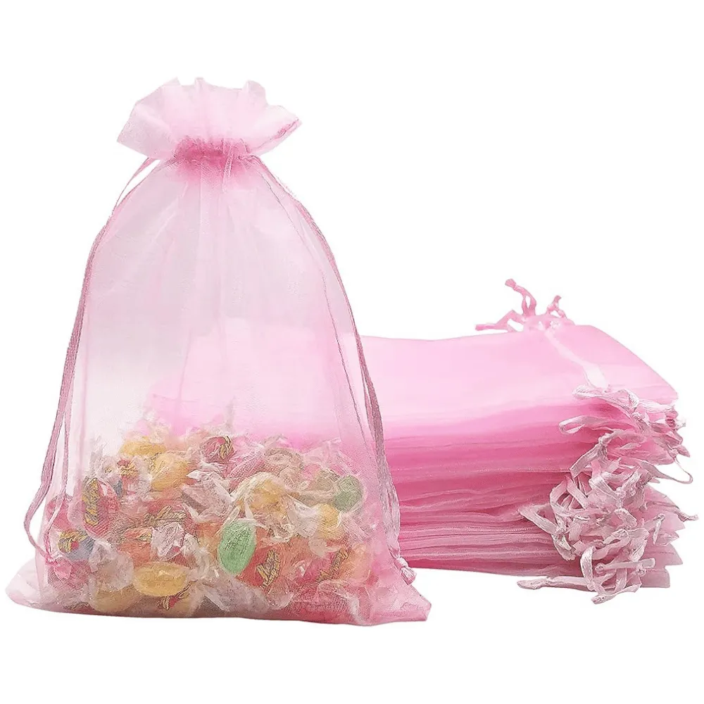 Small Drawstring Organza Bags Pink Jewelry Sack Pouches For Gifts And Jewelry- 25pcs