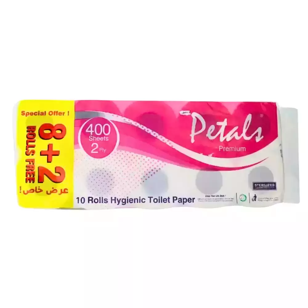 Petals Premium Hygienic Toilet Paper 2 Ply, 400 Sheets Per Roll- Pack of 10 Rolls