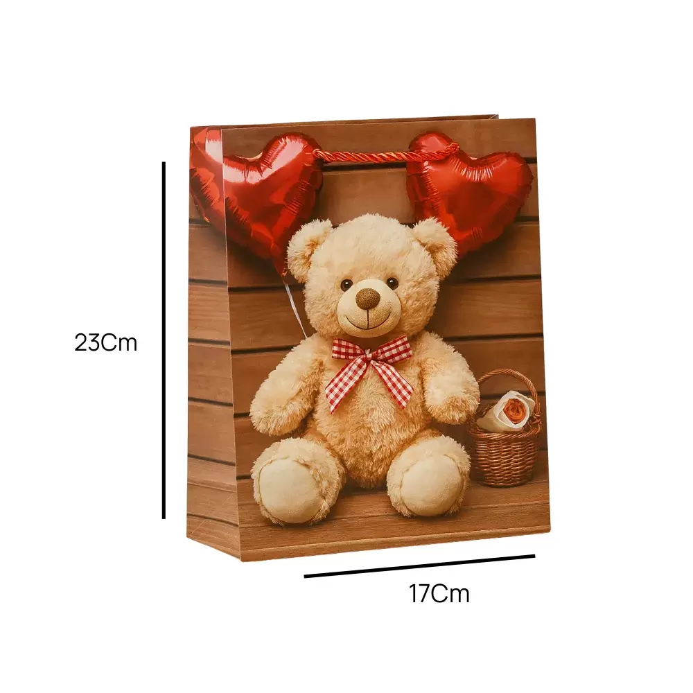 Cute Teddy And Heart Balloon Printed Eco Friendly Paper Bag With Twisted Rope Handle- 17X23cm