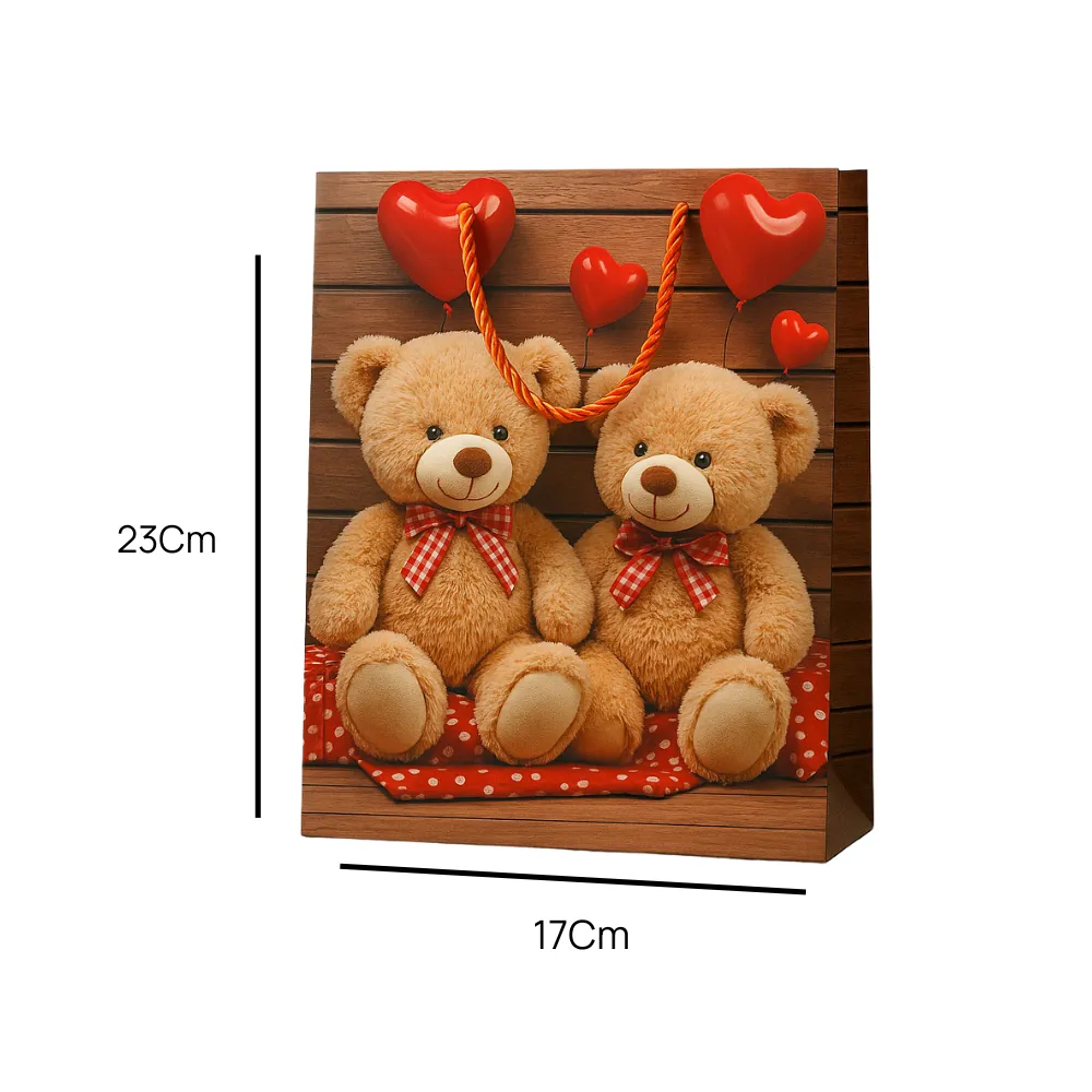 Two Teddy With Hearts Printed Kraft Paper Gift Bag With Twisted Rope Handle- 17X23cm