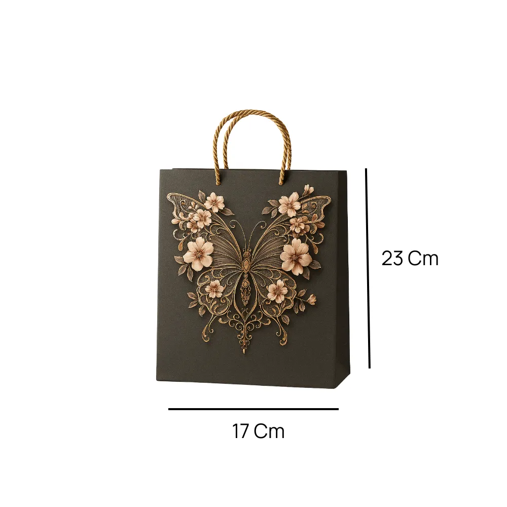 Elegant Butterfly With Flowers Printed Kraft Paper Bag With Twisted Rope Handle- 17X23cm