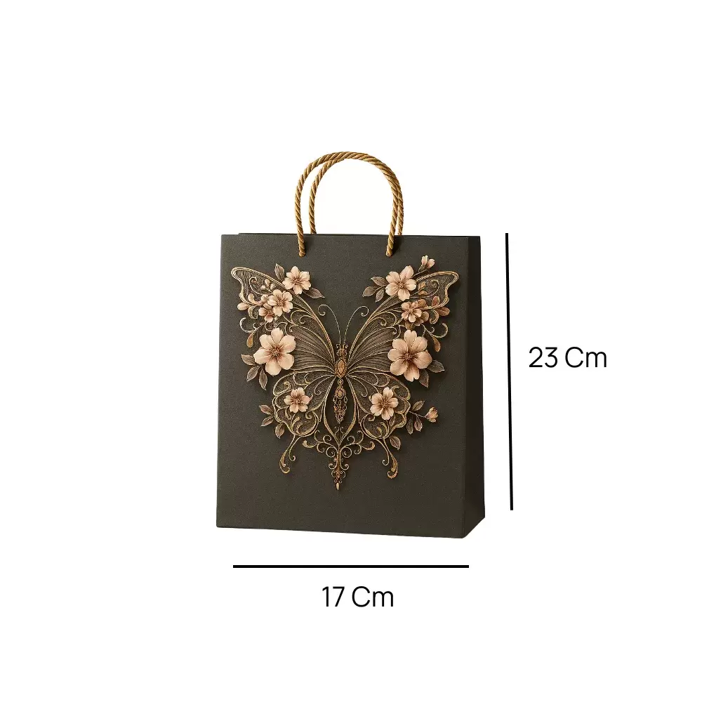 Elegant Butterfly With Flowers Printed Kraft Paper Bag With Twisted Rope Handle- 17X23cm