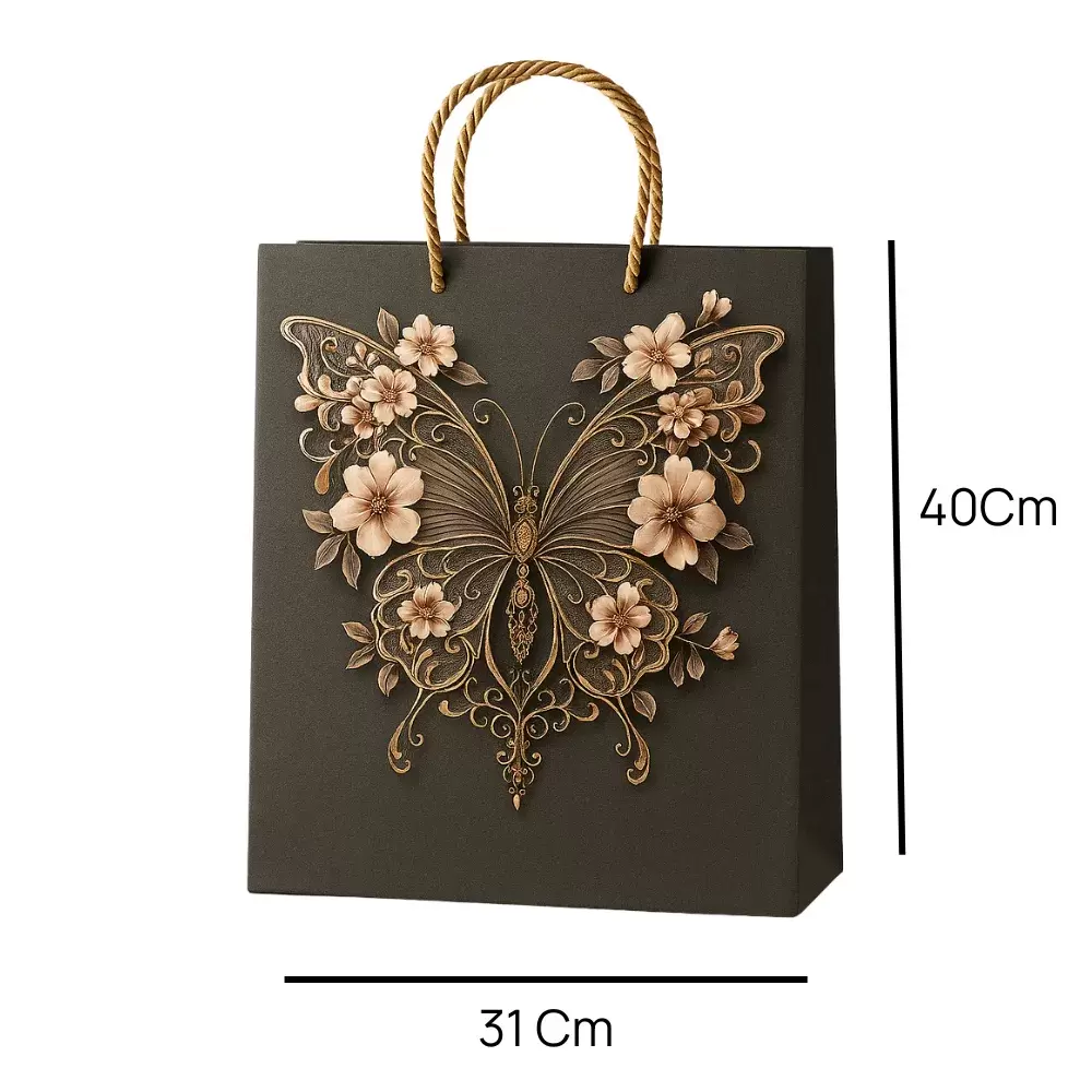 Elegant Butterfly With Flowers Printed Kraft Paper Bag With Twisted Rope Handle- 31X40cm