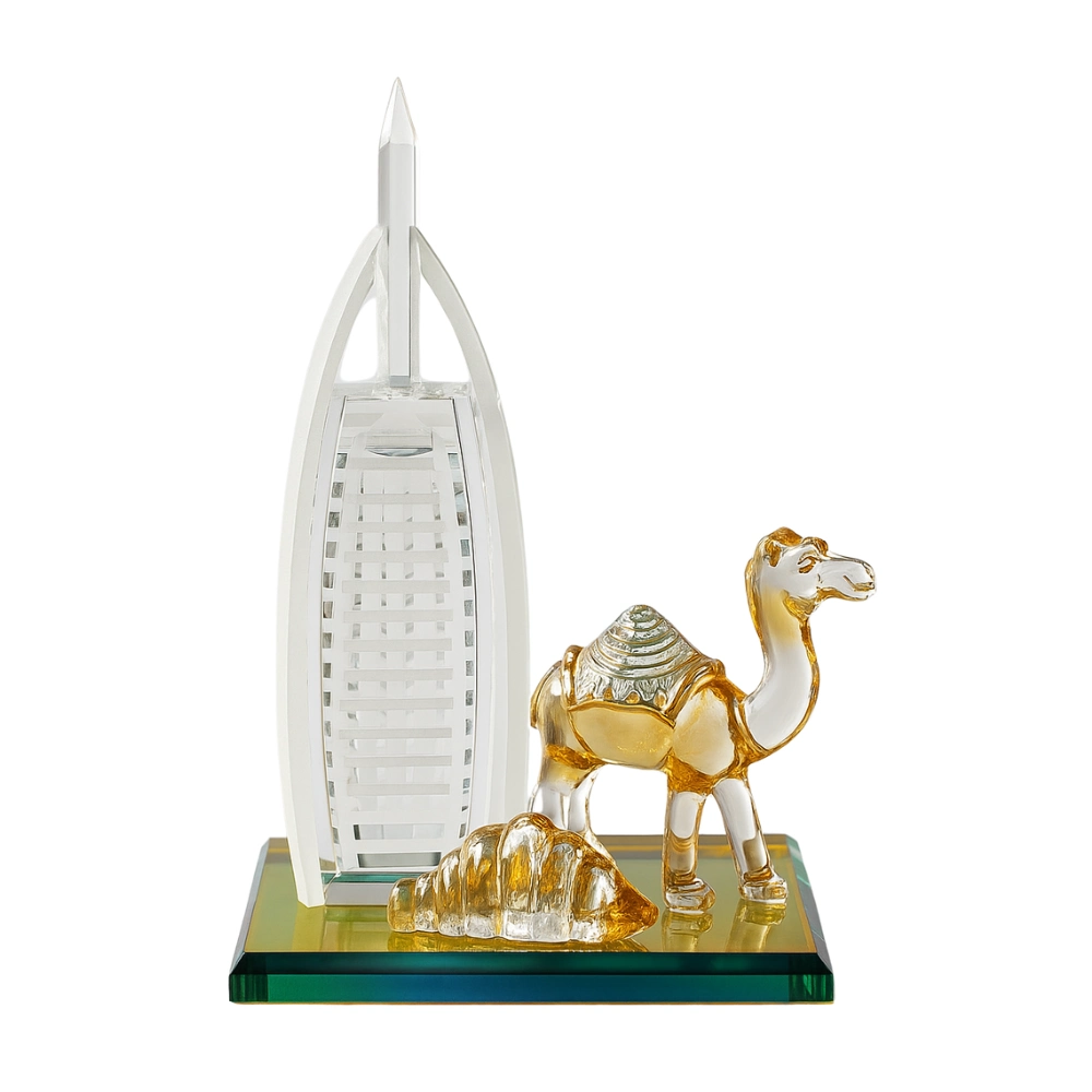 Dubai Landmark Burj Al Arab Figurine Model With Camel In Transparent Base- Clear